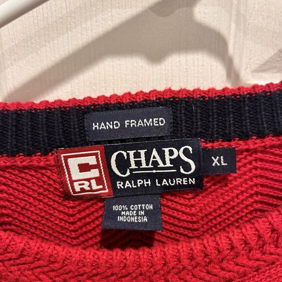 VINTAGE Ralph Lauren Chaps Sweater Mens XL Red Herringbone Hand Framed - Picture 3 of 8